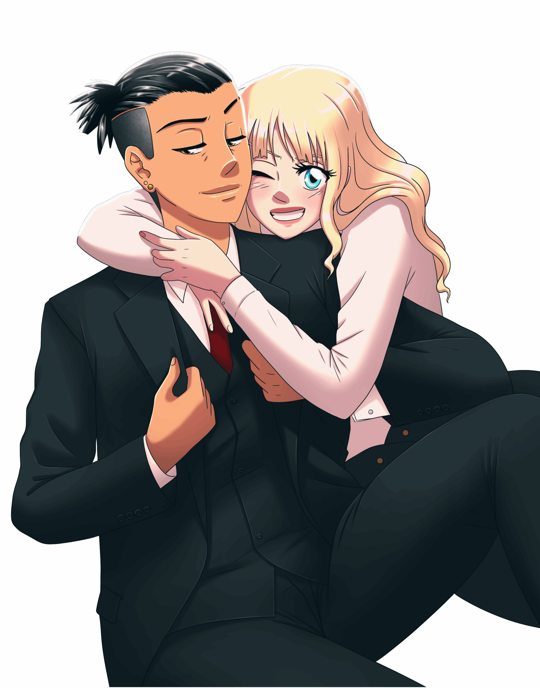 Anime-Stil Illustration einer dunkelhaarigen Frau im schwarzen Anzug mit roter Krawatte, die gelassen schaut, während eine blonde Frau in weißer Bluse und schwarzem Rock lachend von hinten an ihr hängt und sie umarmt.